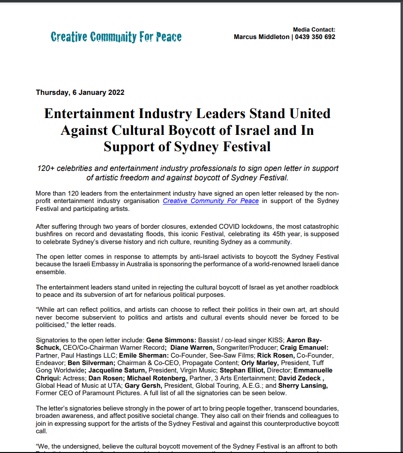 Syd Fest open Letetr against Boycott 